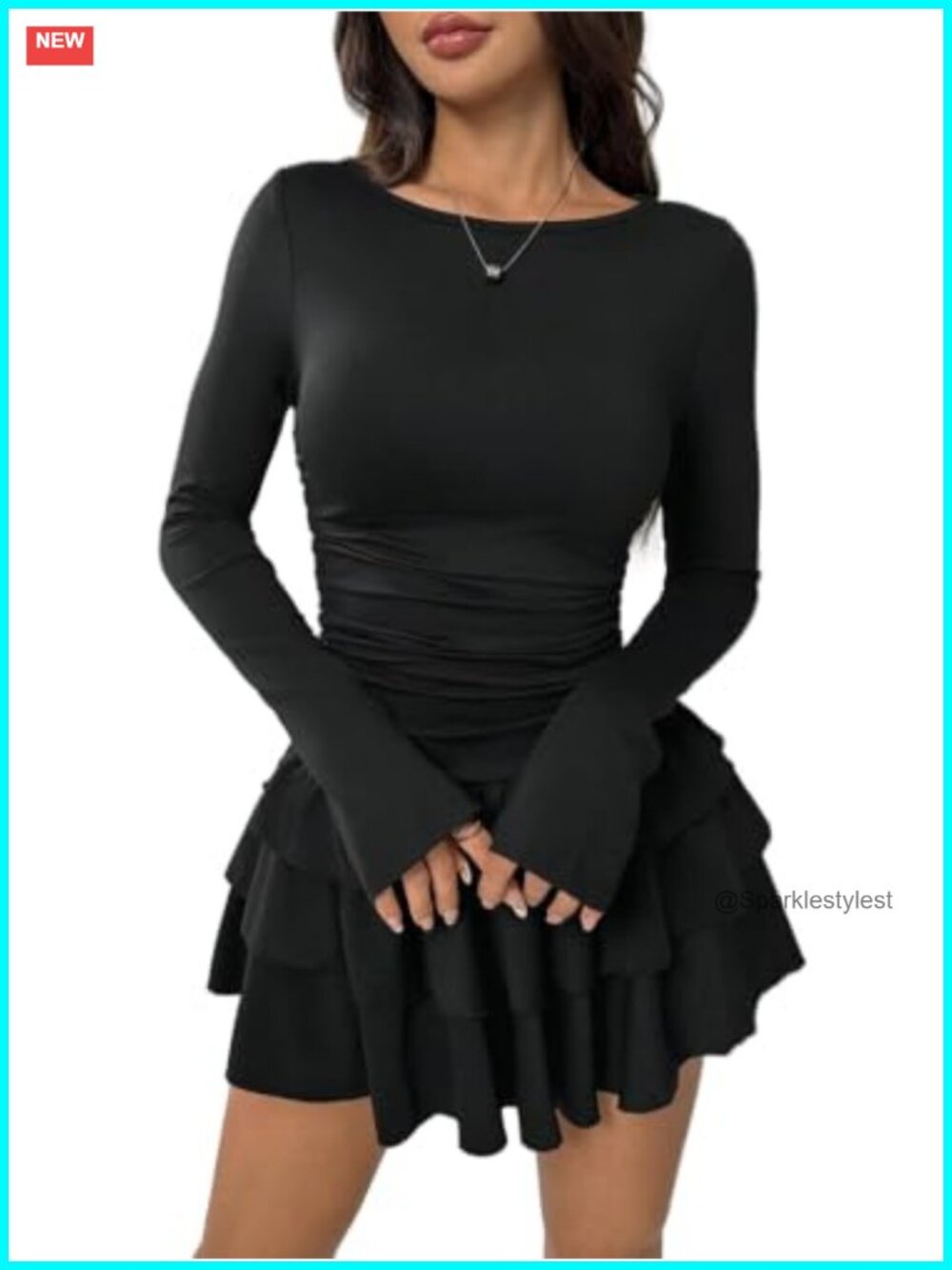 Women Ruffle Long Sleeve Fit and Flare Ruched Tiered A Line Mini Dress